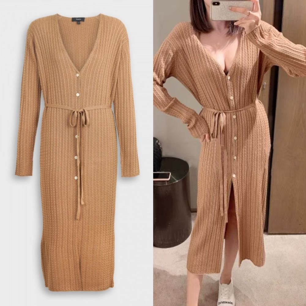 Theory Camel Ribbed Button-Front Belted Cardigan Dress